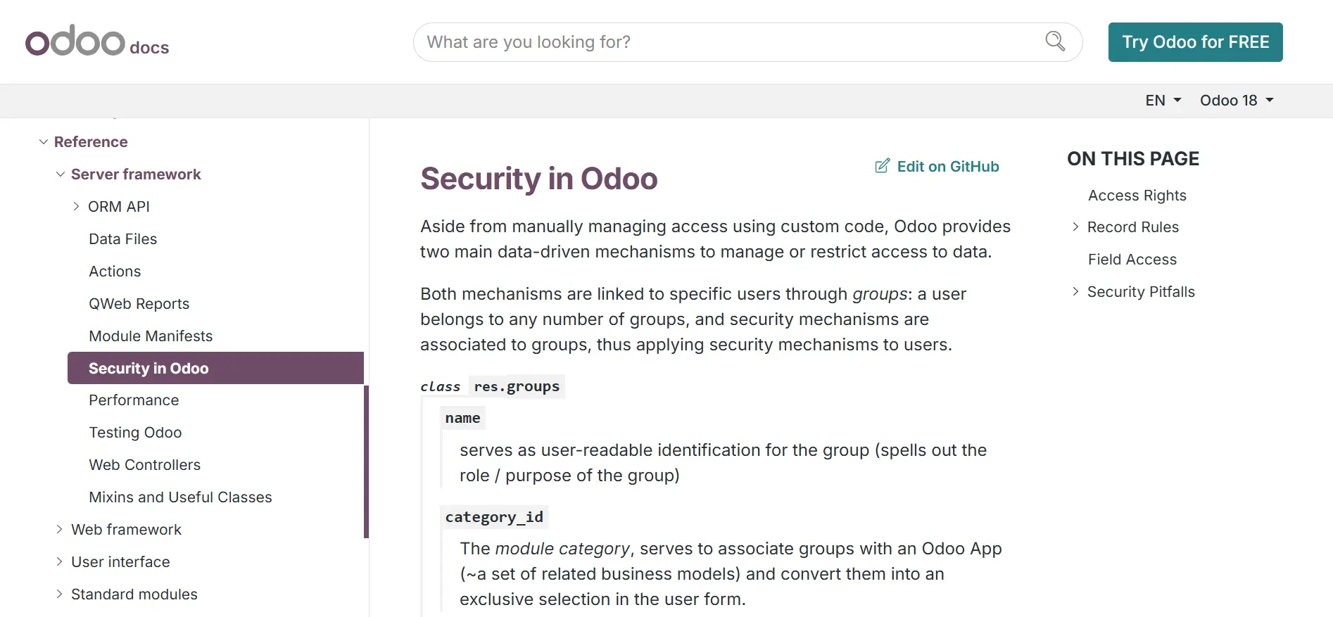 documentation for security within Odoo